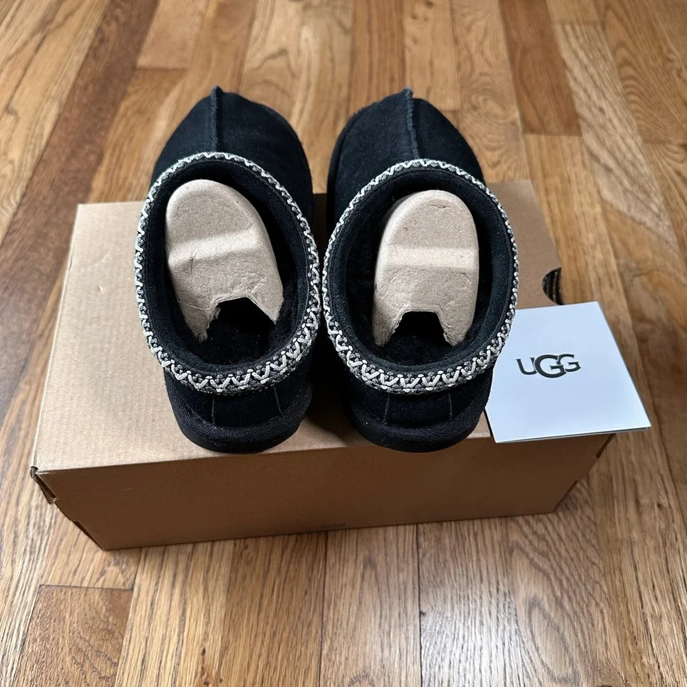 UGG Kids Black Suede Slip-On Shearling Mules with Braided Collar - Picture 3 of 5